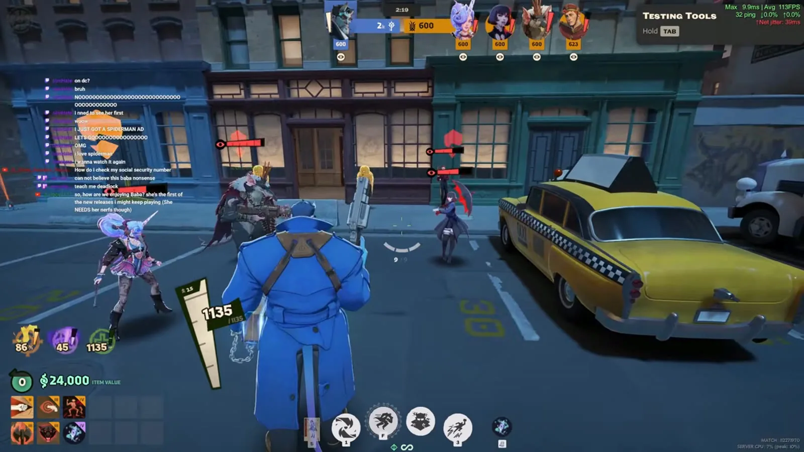 Abrams standing in a Deadlock sandbox street showing his 1135 health next to smaller heroes