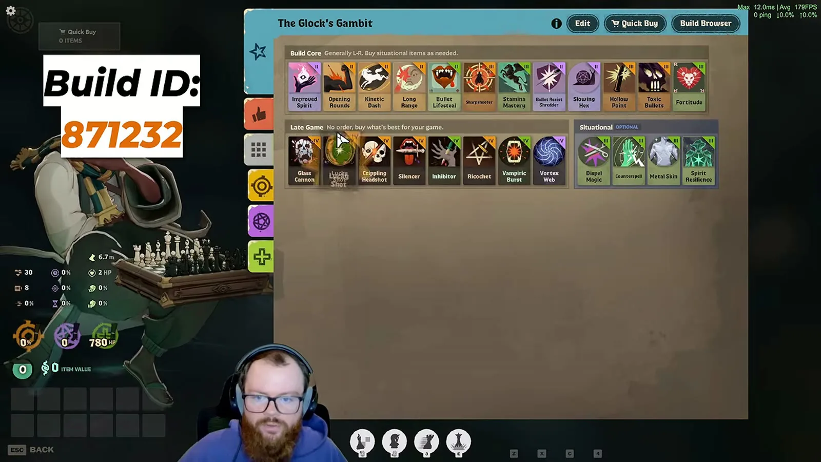 The Glock's Gambit gun Solomon build, ID 871232, with build core, late game and situational items