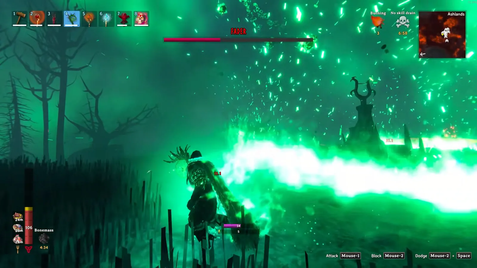 Fader's green fire attack during the Ashlands boss fight in Valheim