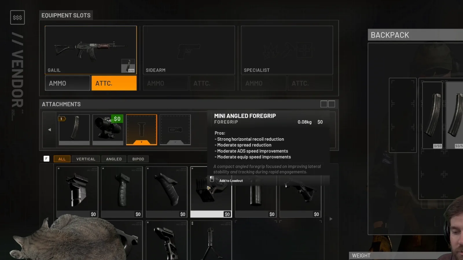 WARDOGS vendor tooltip for the Mini Angled Foregrip on the Galil