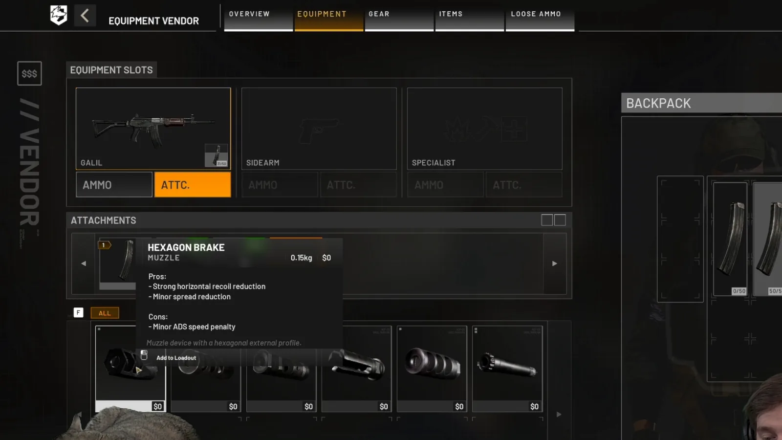 WARDOGS vendor tooltip for the Hexagon Brake muzzle on the Galil