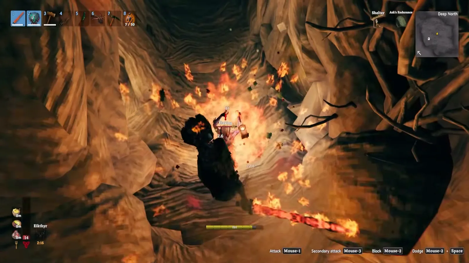 Elaking setting the player on fire in the Winding Tunnels, Valheim Deep North