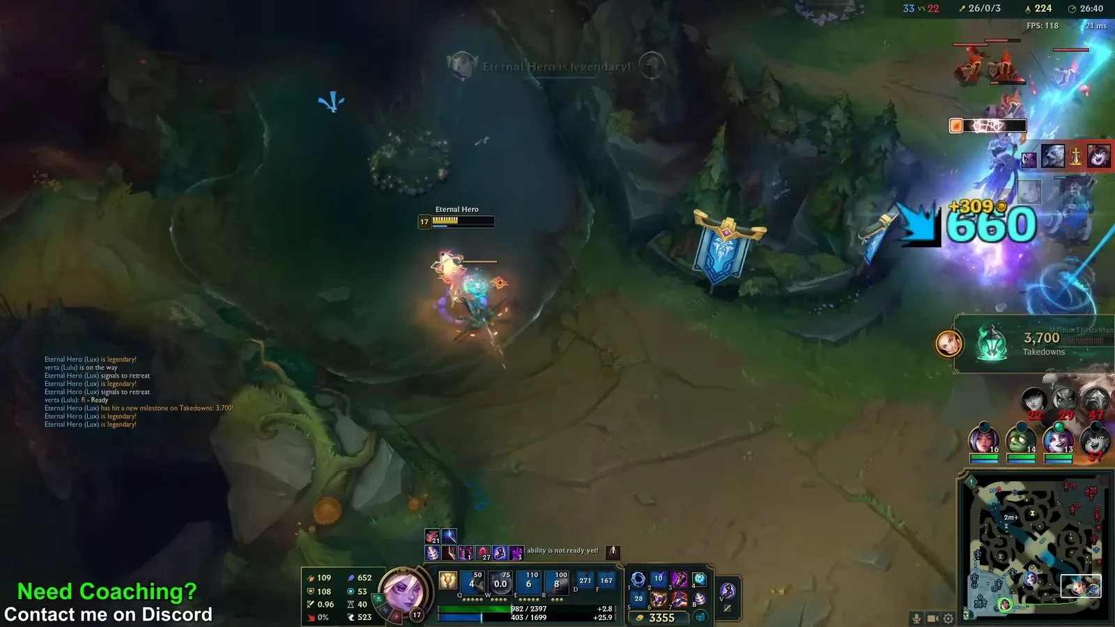 Lux landing a 660 damage hit on an enemy in the jungle at 26:40