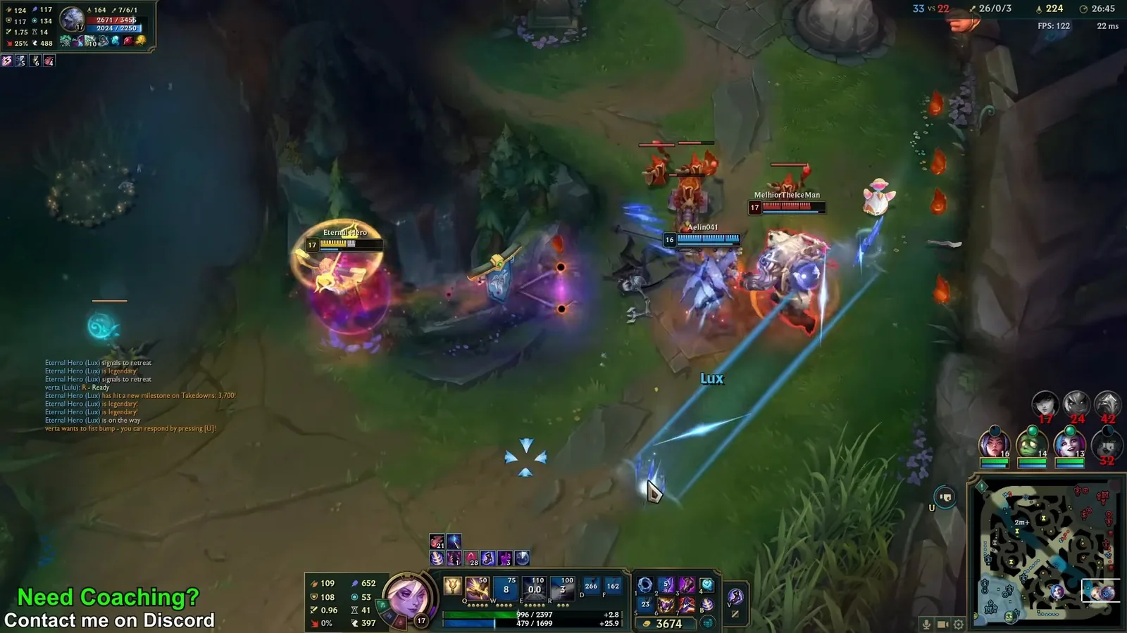 Lux at level 17 joining a fight in the enemy jungle at 26:45 with a 26/0/3 score