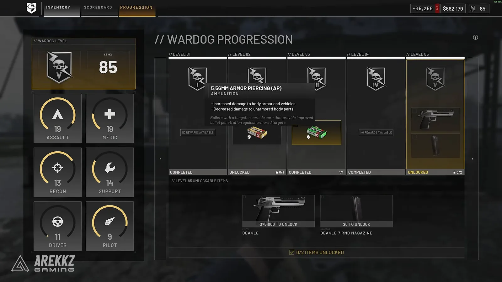 WARDOGS progression screen with the WARDOG level track and six role tracks