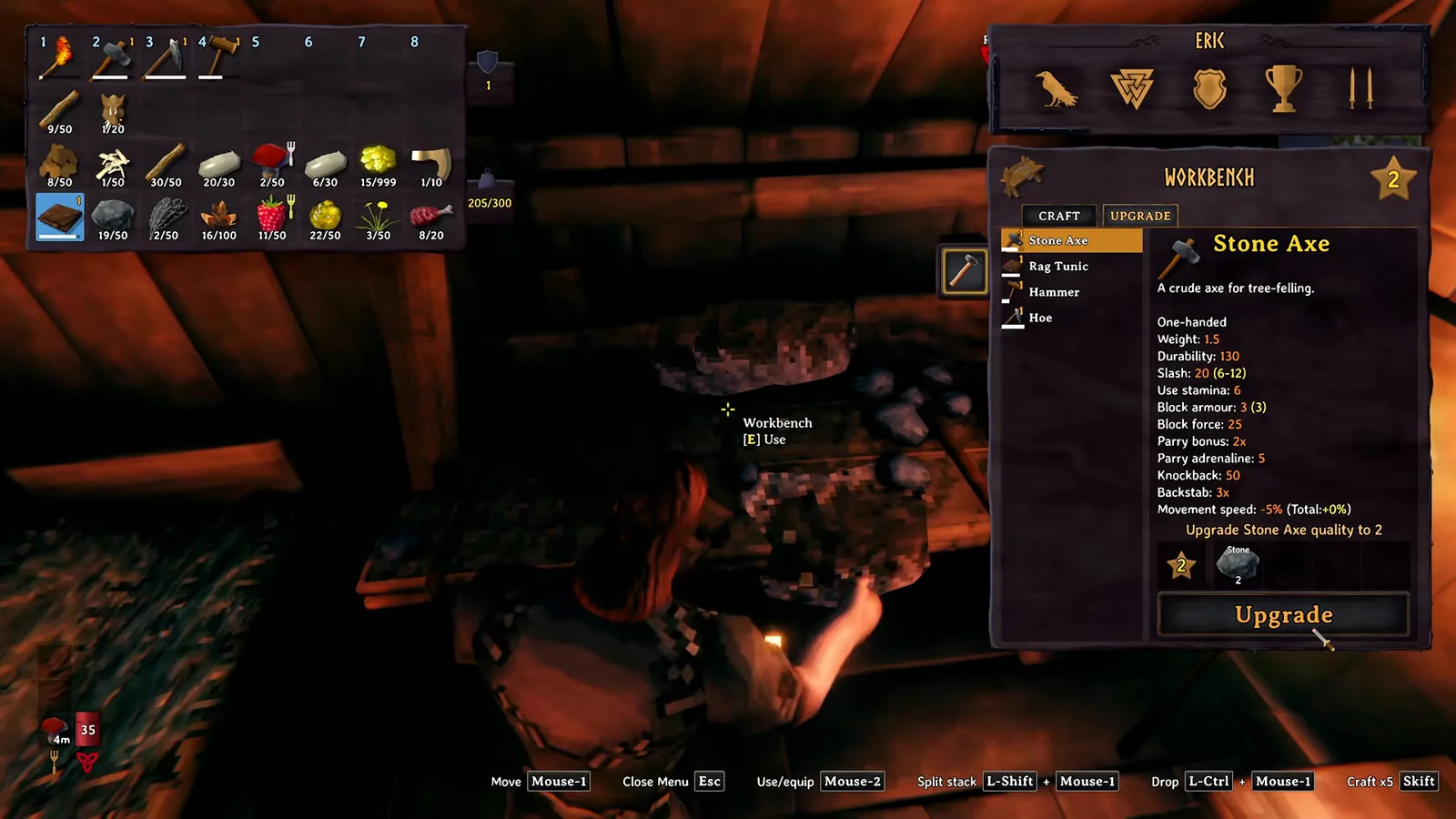 Valheim workbench level 2 upgrade tab raising the stone axe to quality 2 for 2 stone