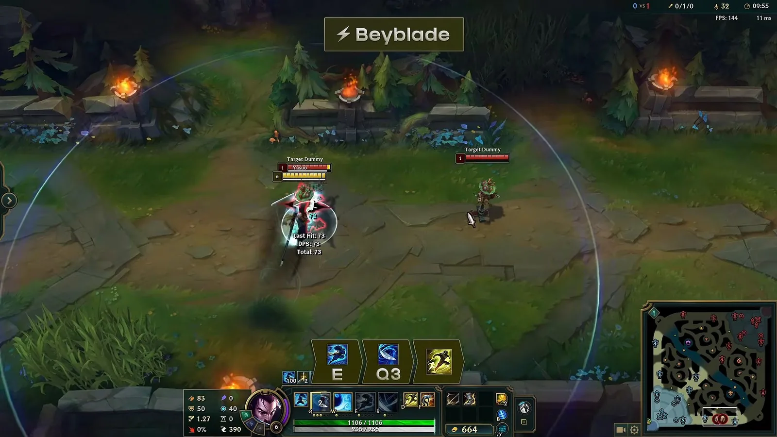 Yasuo performing the Beyblade combo, E then Q3 then Flash, on a target dummy