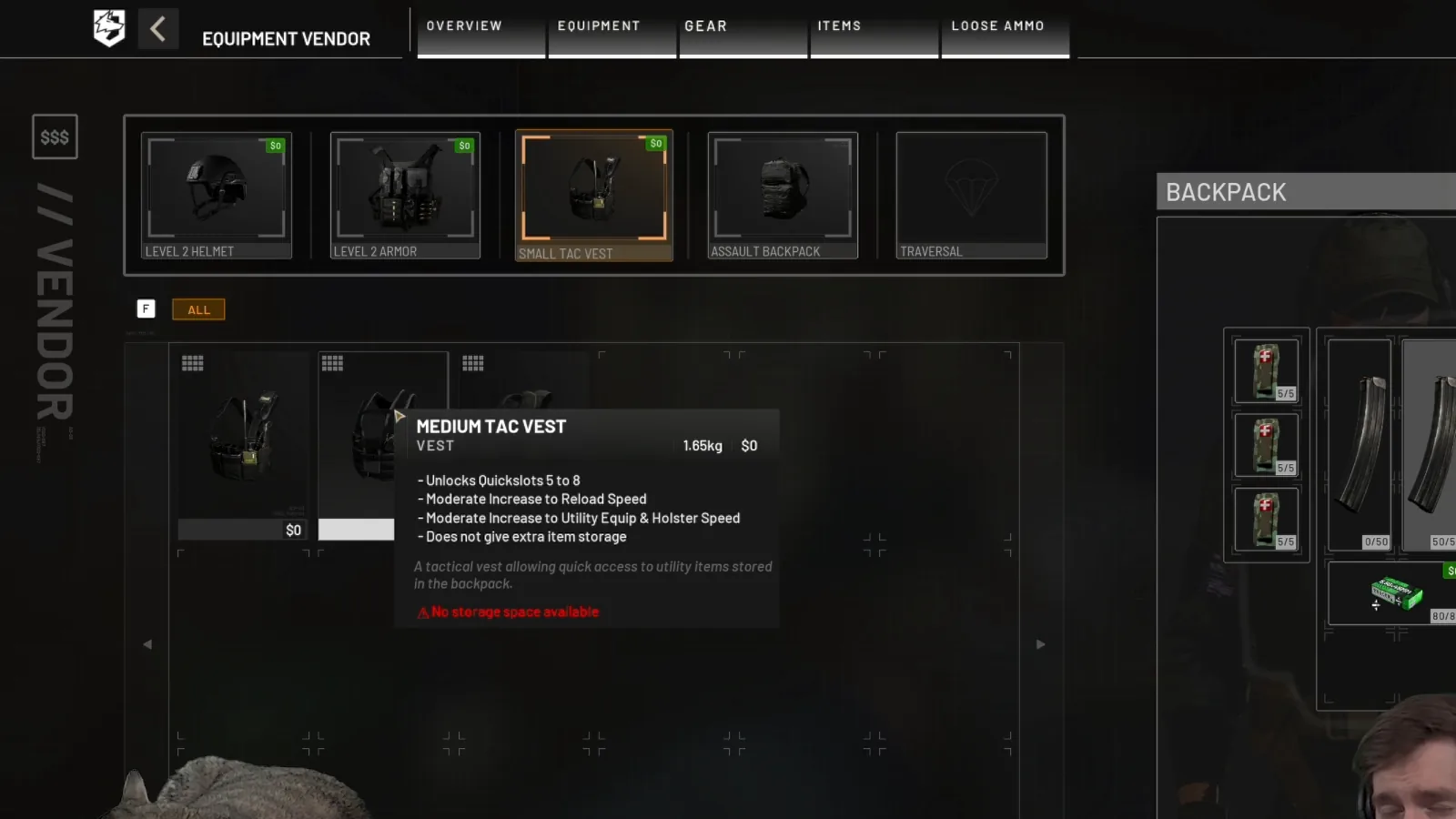 WARDOGS vendor tooltip for the Medium Tac Vest with Galil loadout backpack