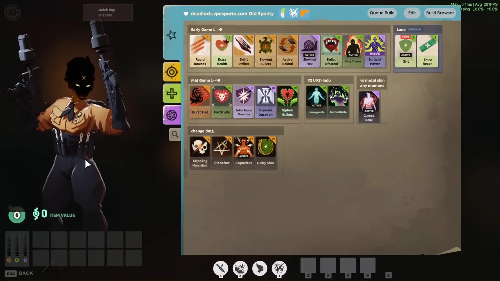 Deadlock Haze item build panel with early, mid and late game items