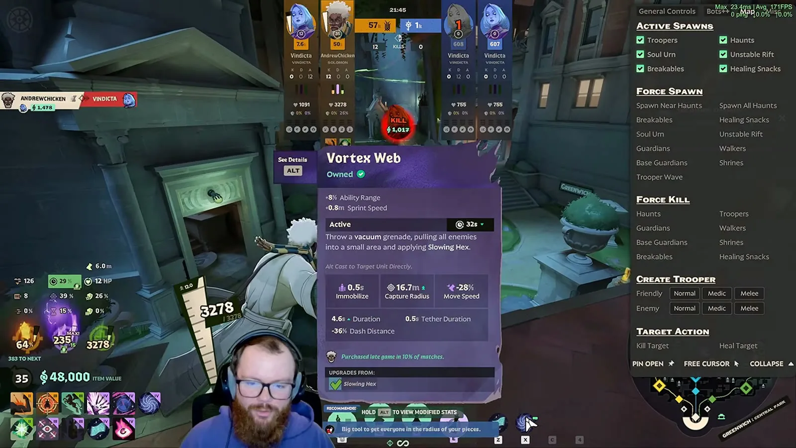 Vortex Web item tooltip during a late-game Solomon combo demonstration in Deadlock