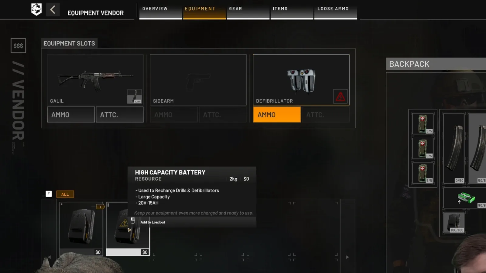 WARDOGS vendor tooltip for the high-capacity defibrillator battery