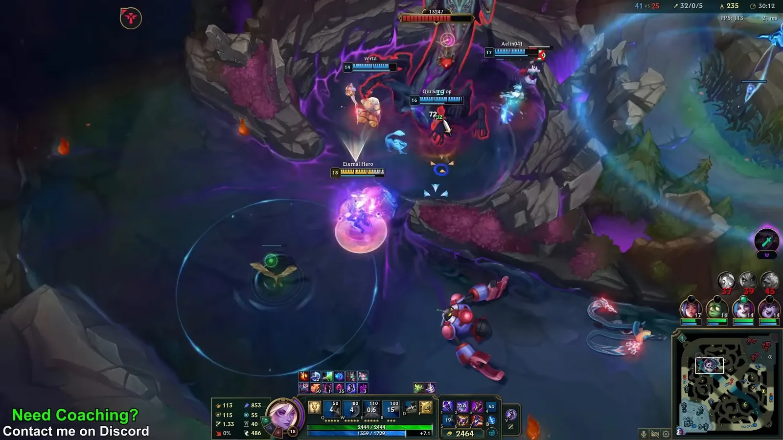 Lux at 32/0/5 fighting near the Baron pit at 30:12