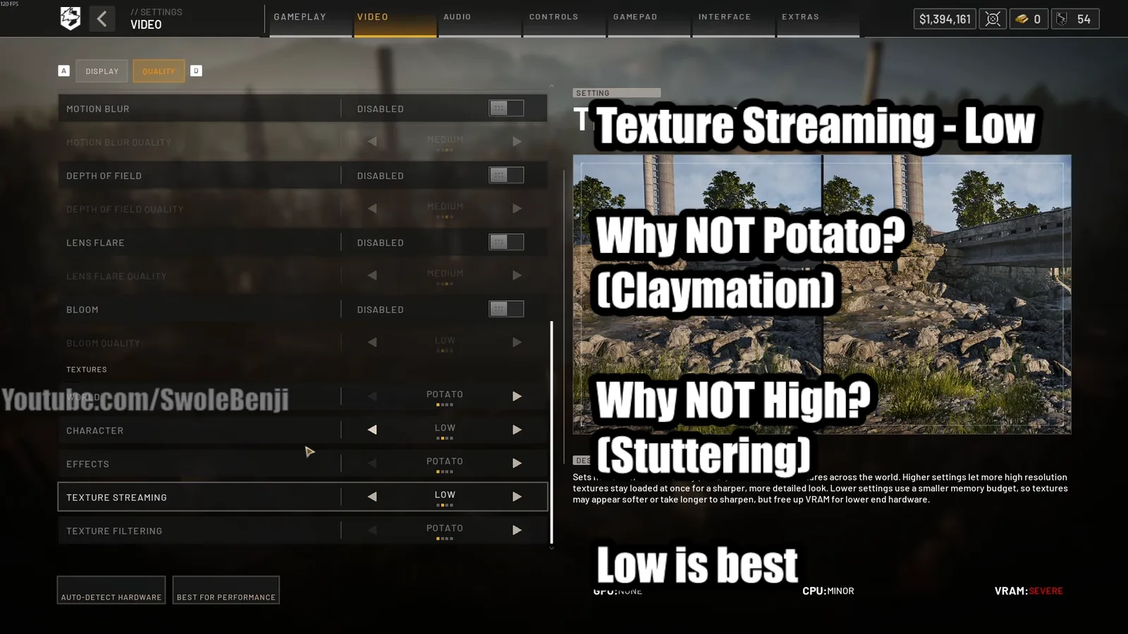 WARDOGS Texture Streaming set to Low showing the GPU CPU VRAM cost ratings