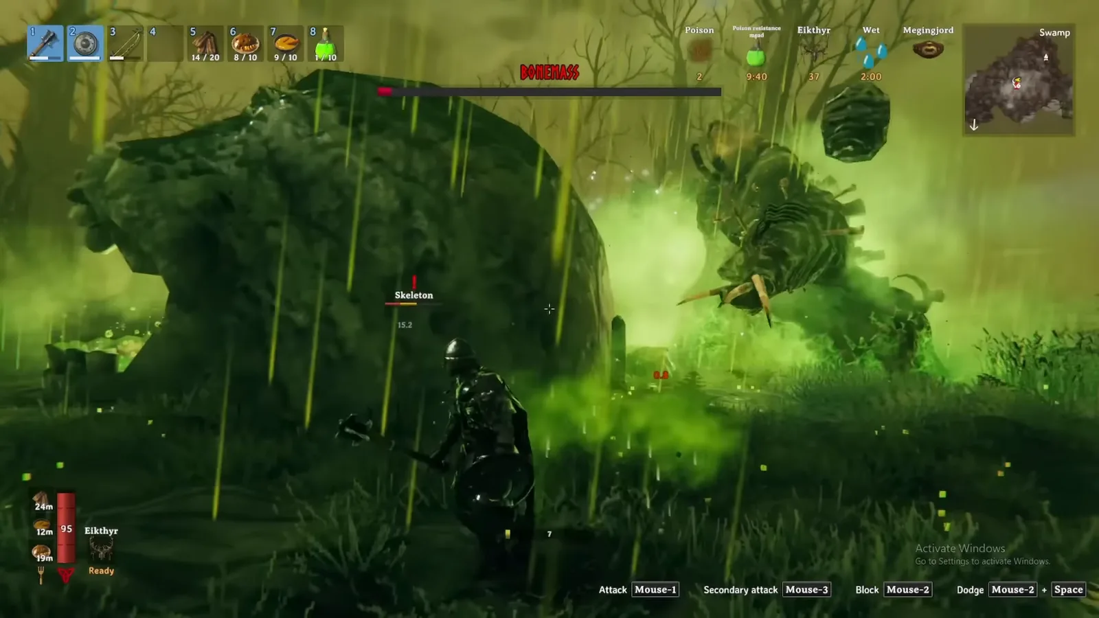 Bonemass rising from the Swamp water with his health bar shown at the start of the Valheim boss fight