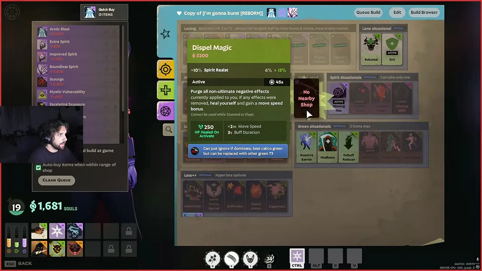 Deadlock shop with the Dispel Magic tooltip open during a Calico ranked match