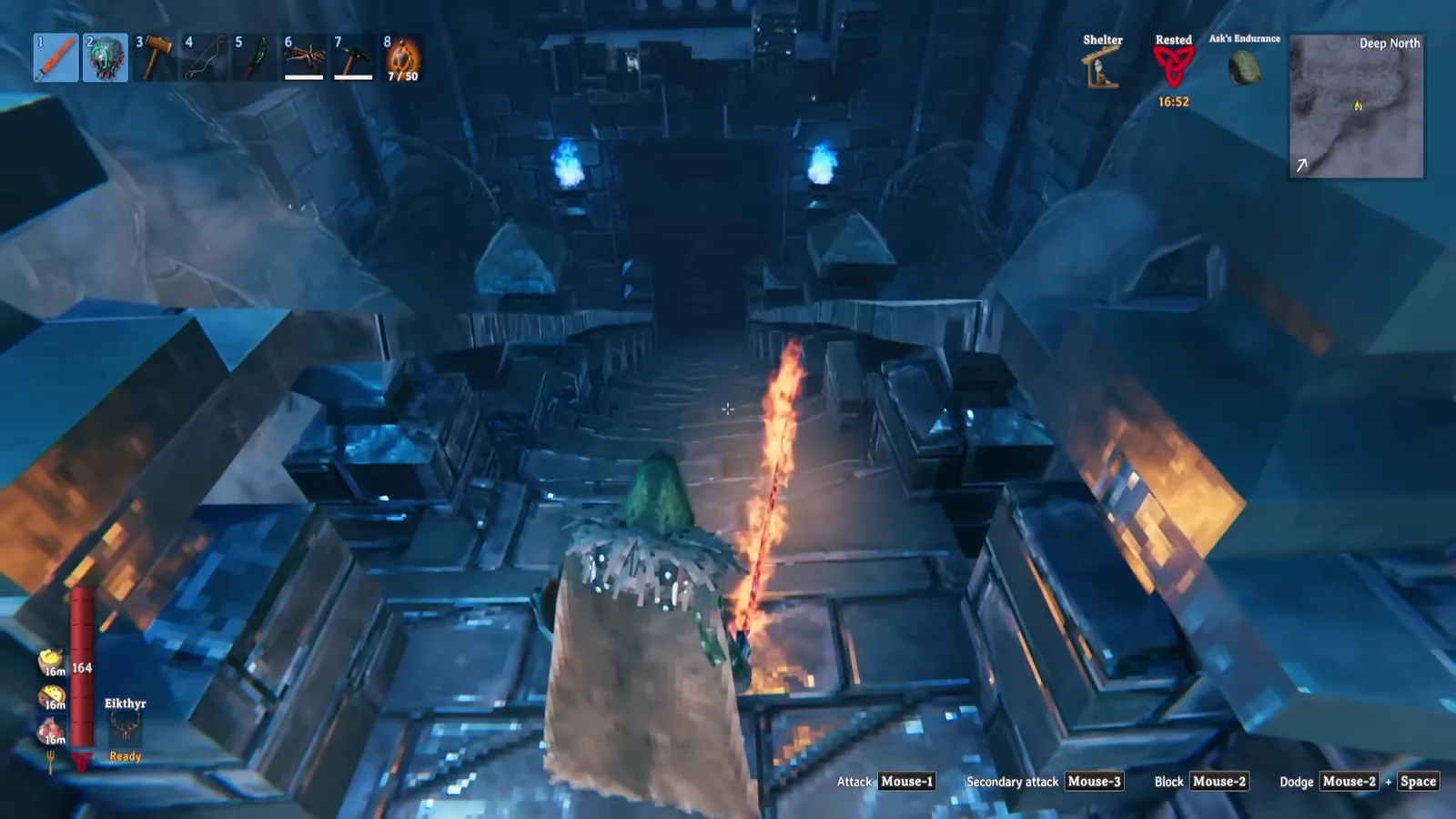 Inside a Mörkhalla dungeon in the Valheim Deep North, with deep levels below