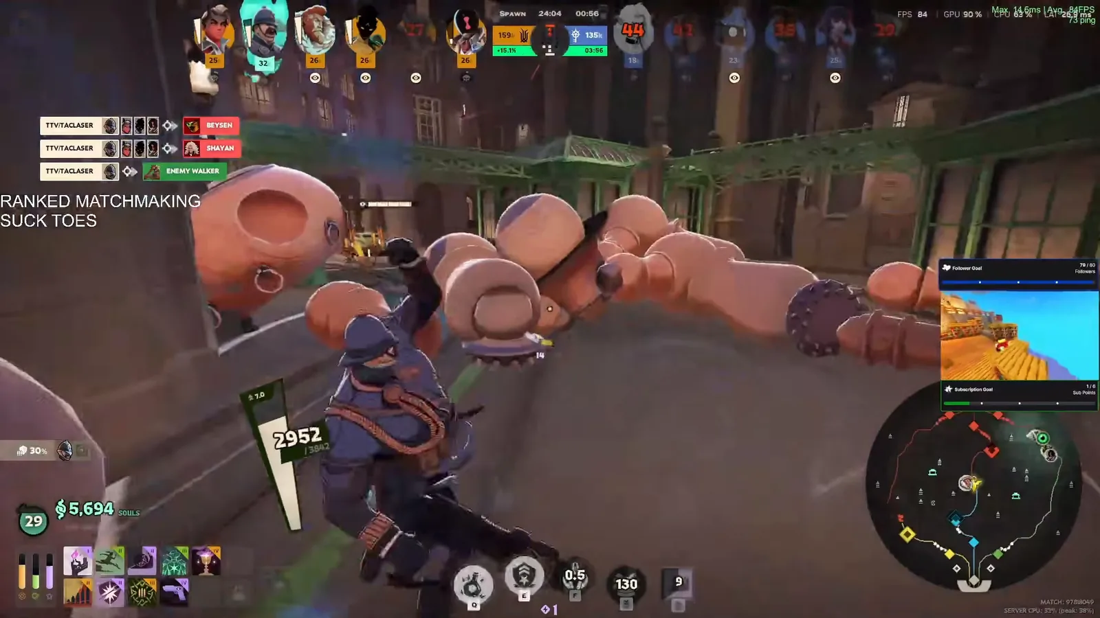 Warden brawling with the enemy Walker at 24 minutes in a ranked Deadlock match