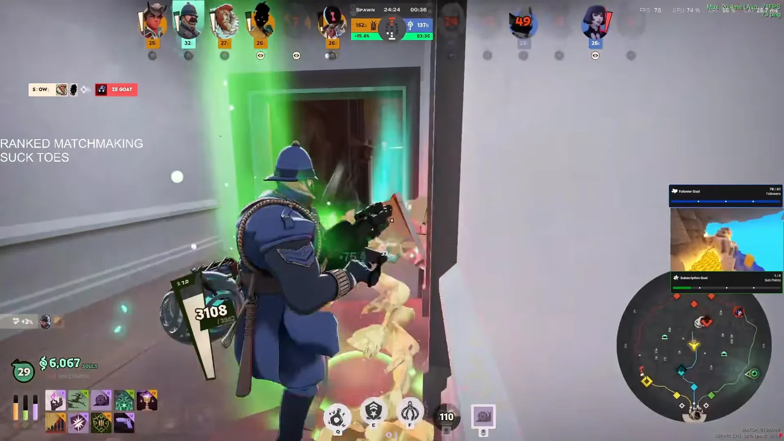 Warden fighting at close range in a doorway during a ranked Deadlock match