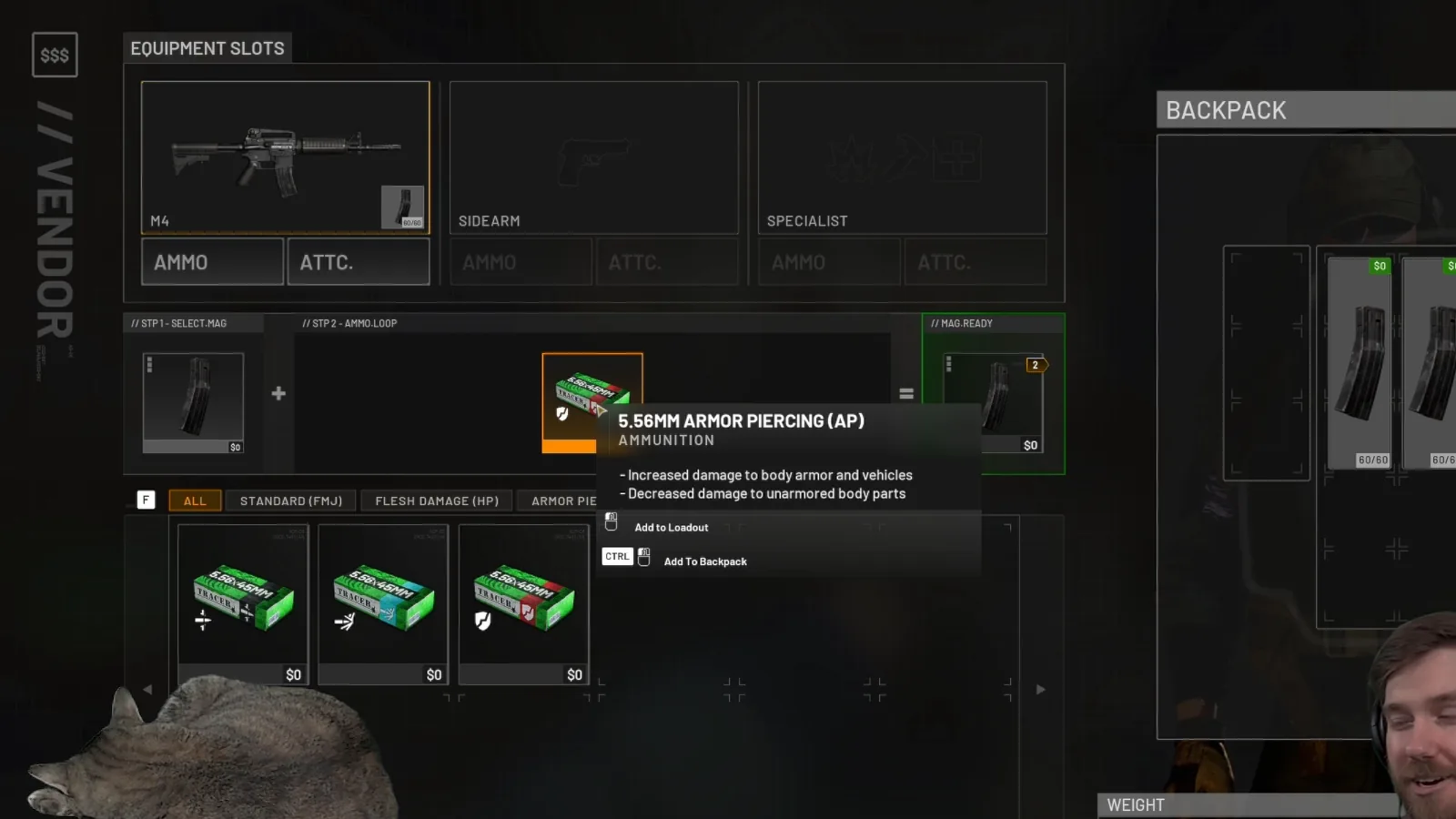 WARDOGS vendor tooltip for 5.56mm armor piercing ammo on the M4