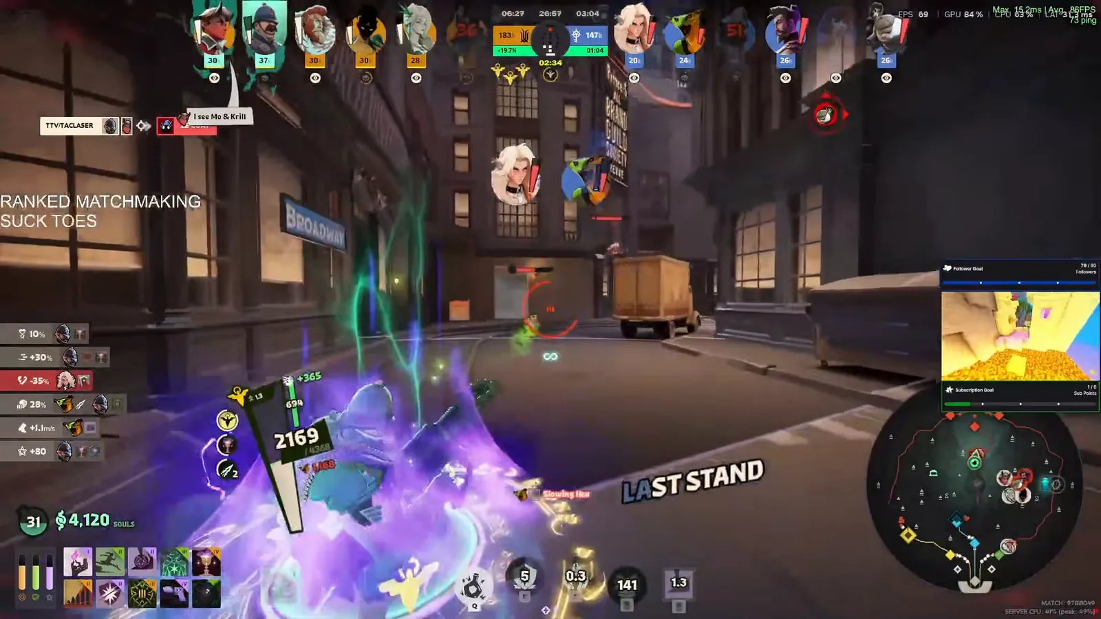 Warden channeling Last Stand in a Broadway lane teamfight in Deadlock