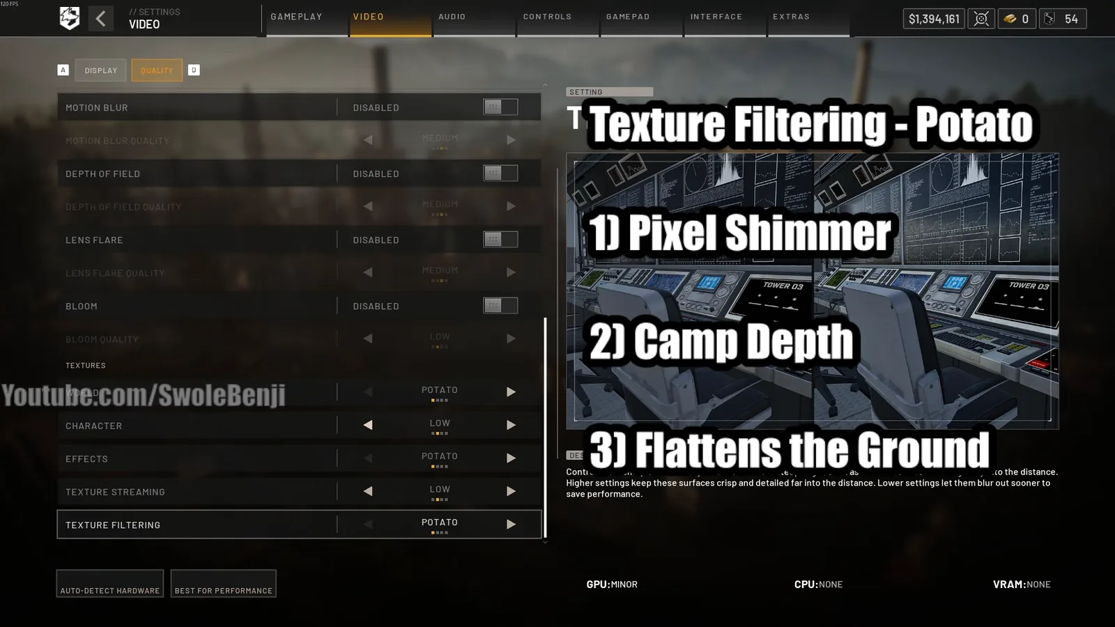 WARDOGS Texture Filtering set to Potato in the graphics settings menu