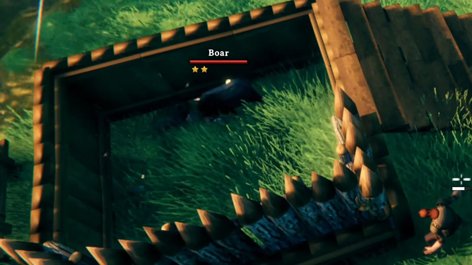 A two-star boar lured into a wooden taming pit in the Valheim Meadows