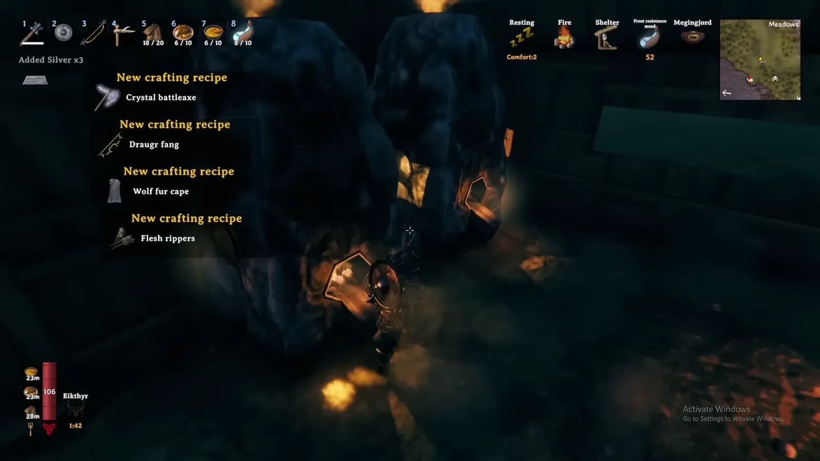 Valheim pop-up showing Silver added and new recipes unlocked, including Wolf fur cape and Draugr fang