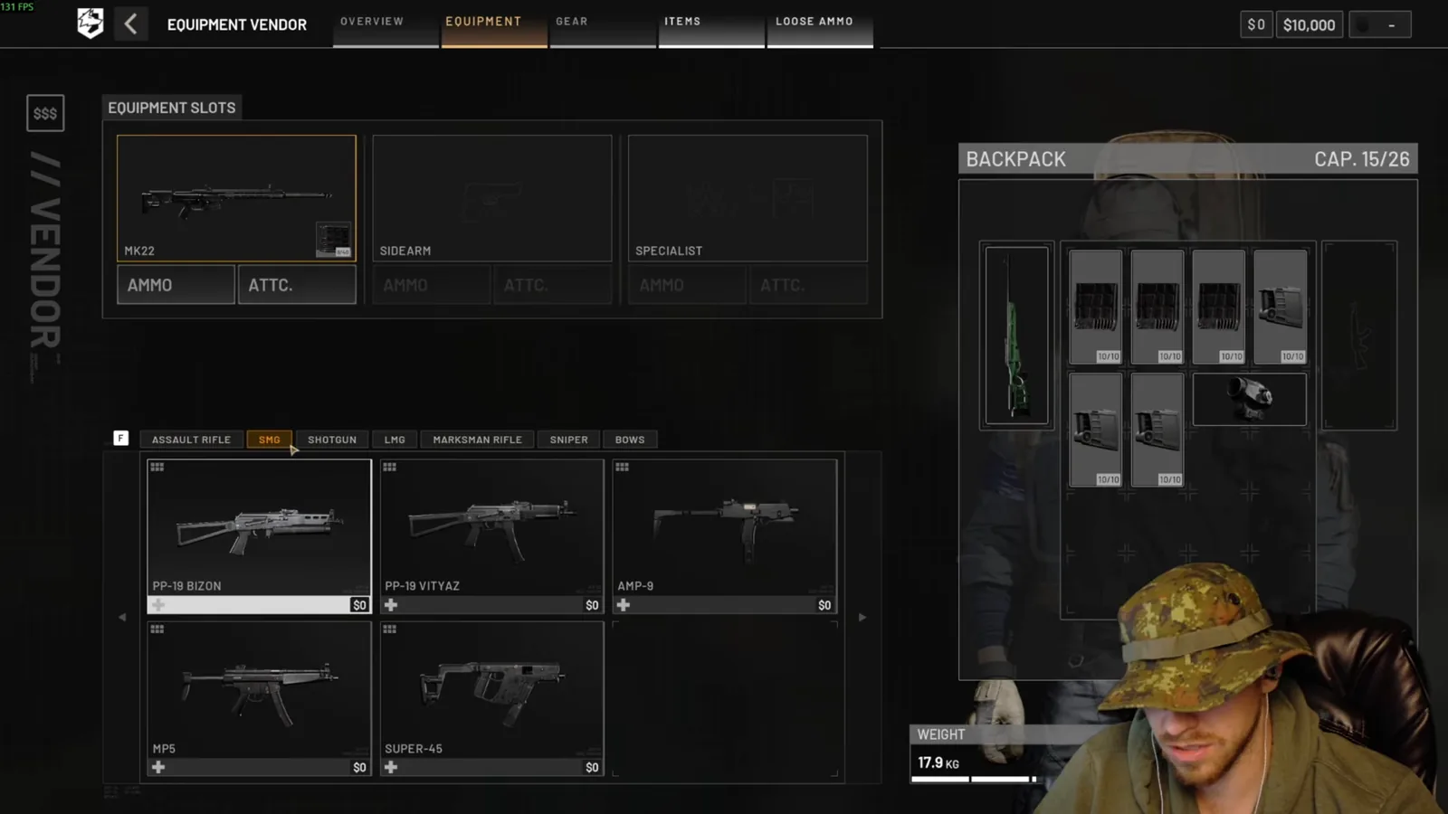 WARDOGS vendor SMG list showing PP-19 Bizon, PP-19 Vityaz, AMP-9, MP5 and Super-45