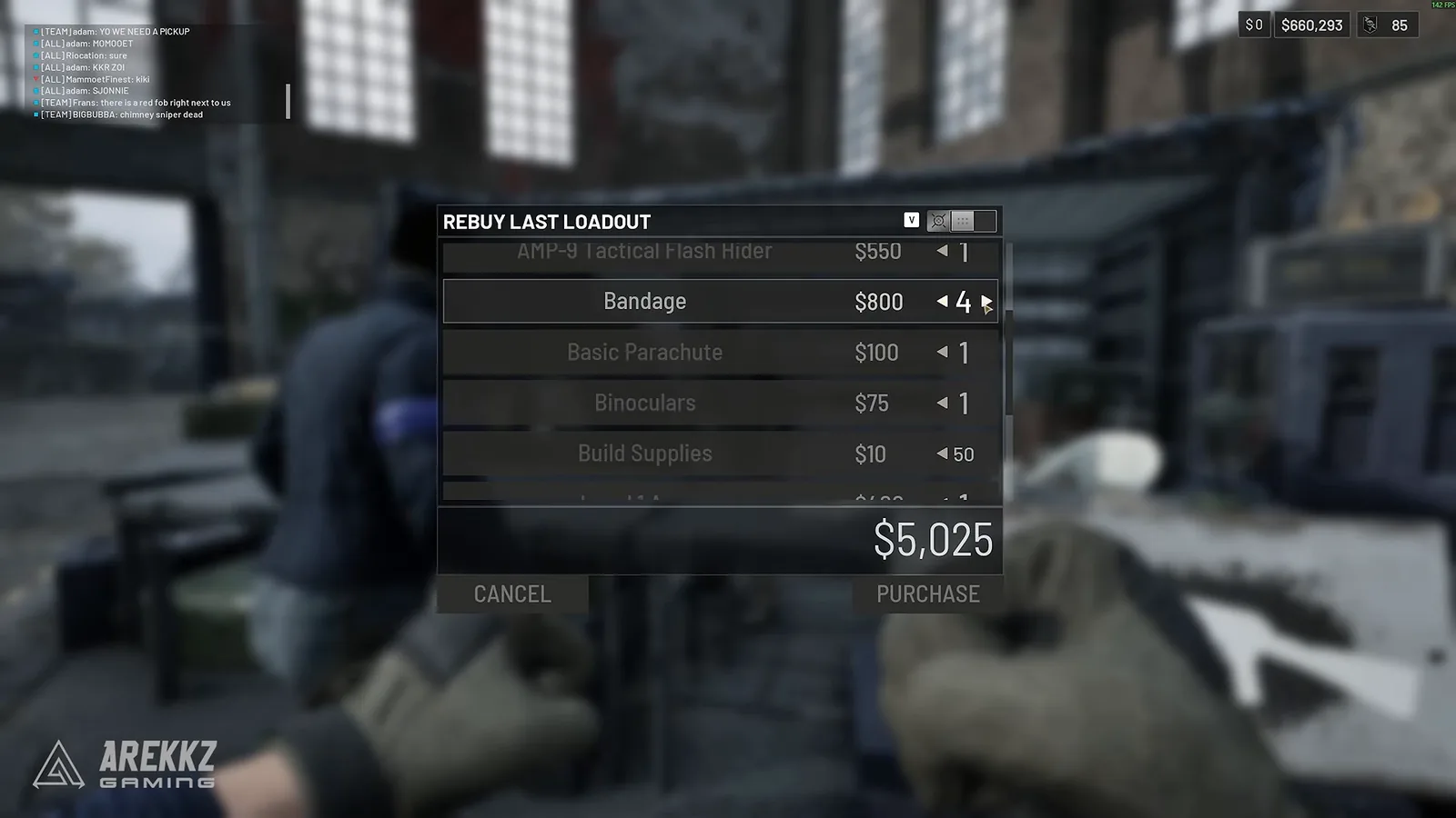 WARDOGS Rebuy Last Loadout window listing the previous kit and total price