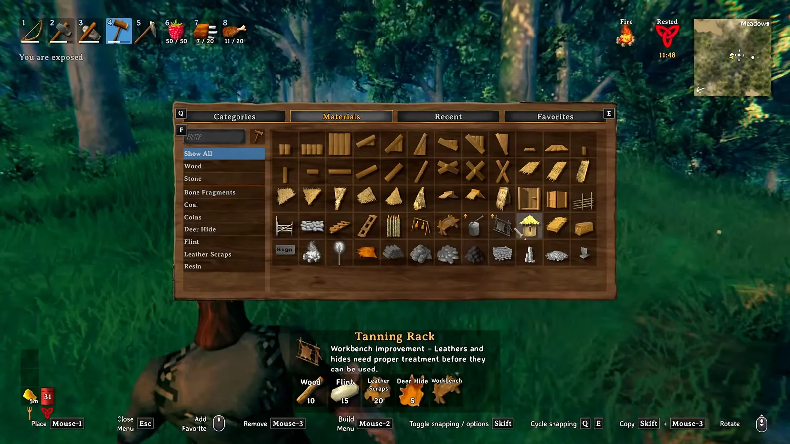 Valheim build menu Materials tab with the tanning rack workbench improvement unlocked