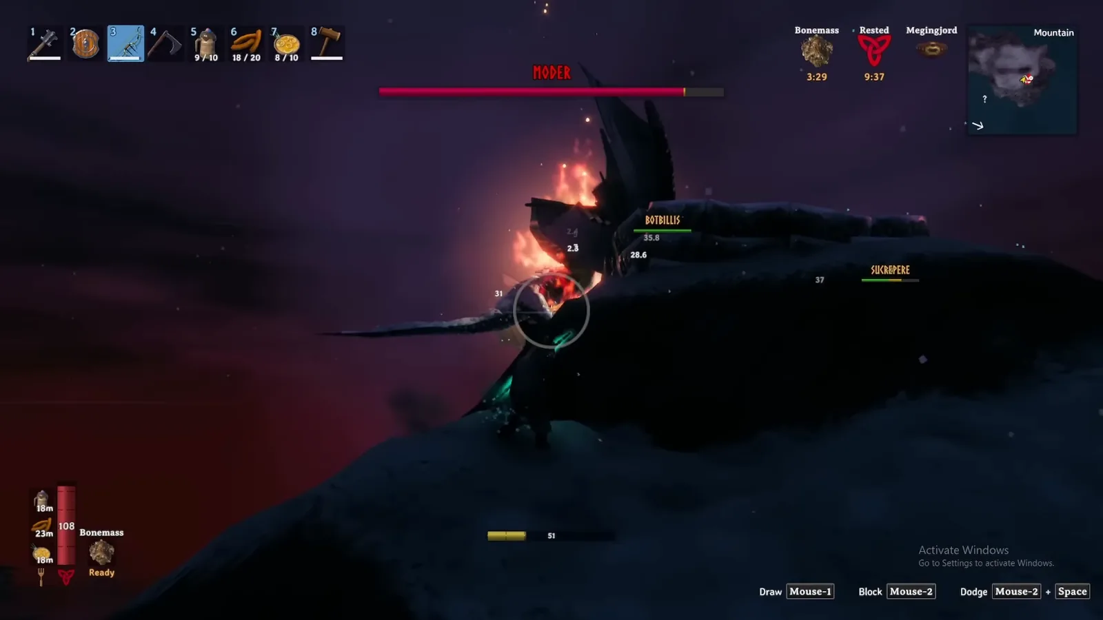 Moder the frost dragon landed on a Mountain peak at night with her health bar during the Valheim fight
