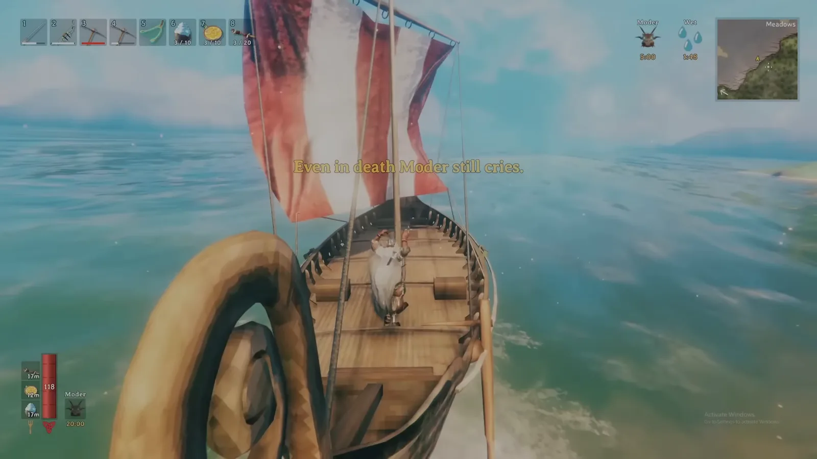Valheim longship sailing with Moder's Forsaken power active, giving a constant tailwind