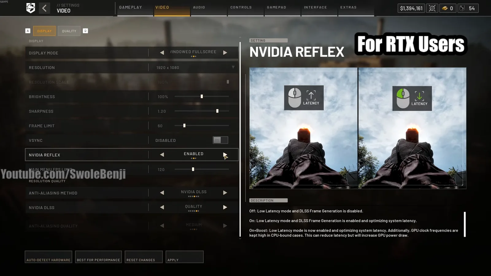 WARDOGS Display tab with frame limit, VSync disabled, NVIDIA Reflex enabled and DLSS Quality