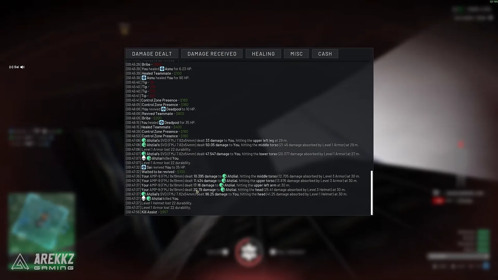 WARDOGS damage log showing hits dealt and received with body location and distance