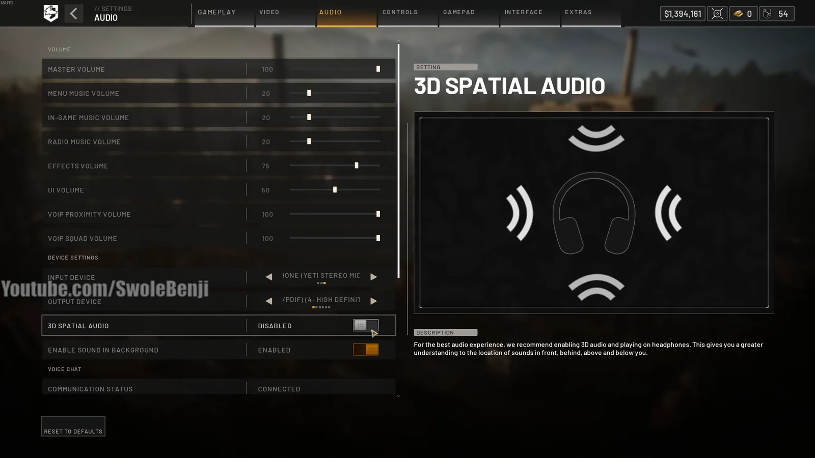 WARDOGS audio settings with 3D Spatial Audio disabled