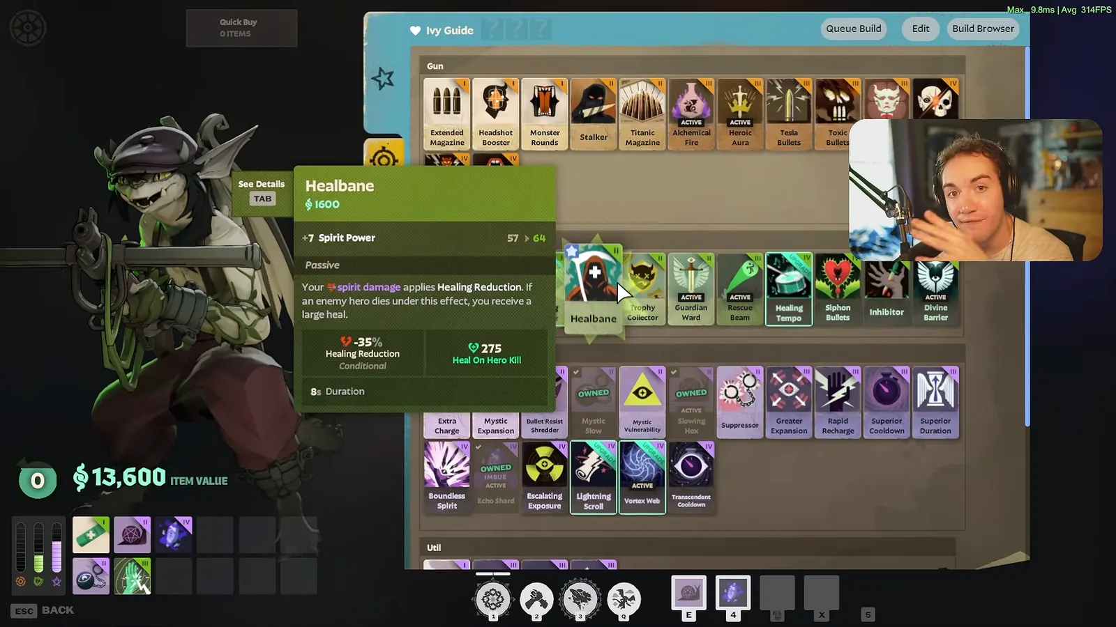 Ivy mid-game build screen with the Healbane tooltip