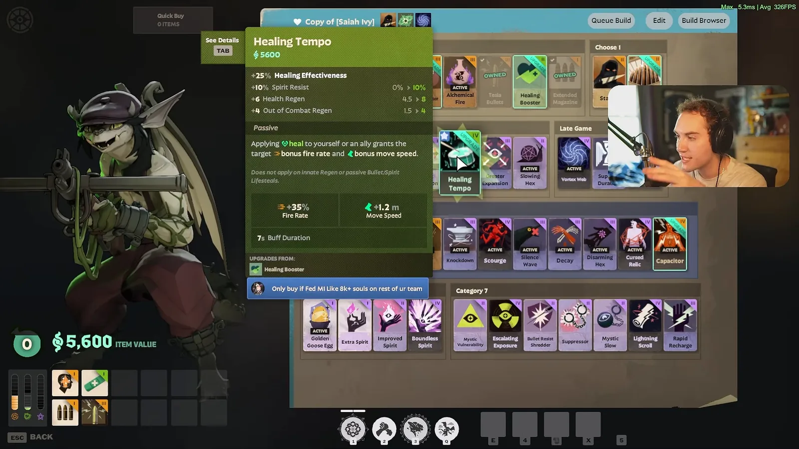 Ivy late-game build screen with the Healing Tempo tooltip