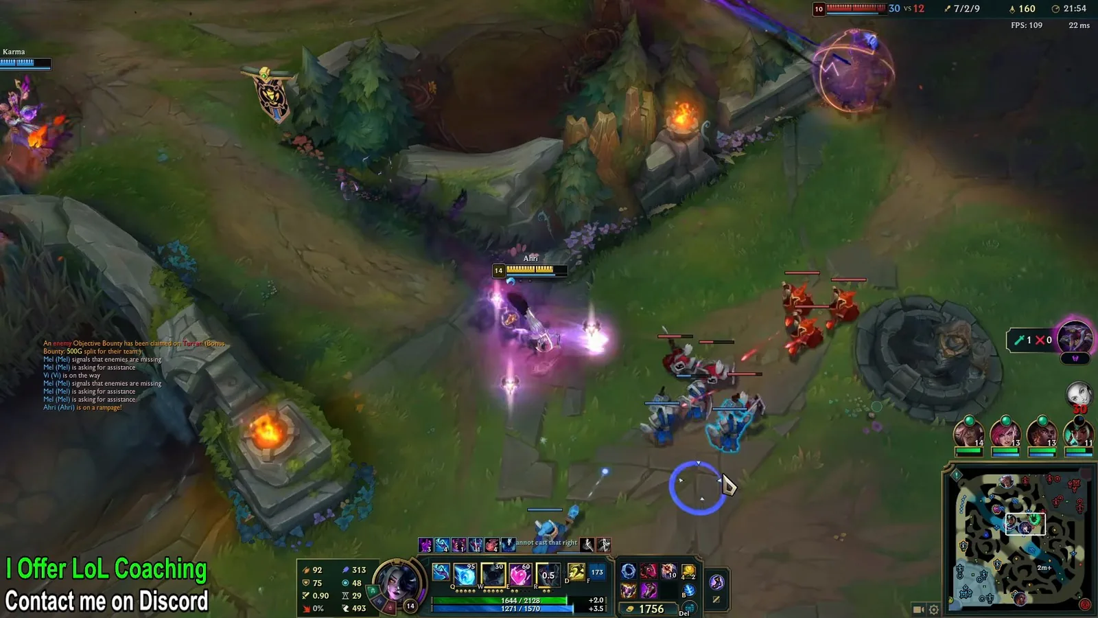 Ahri using Spirit Rush dashes and essence bolts in a mid lane teamfight