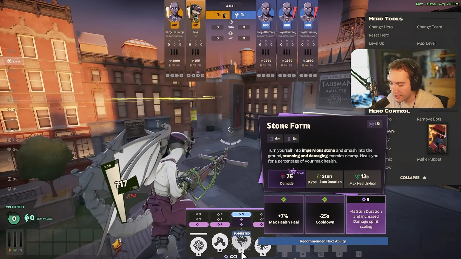 Stone Form ability tooltip showing damage, stun, heal and upgrade tiers