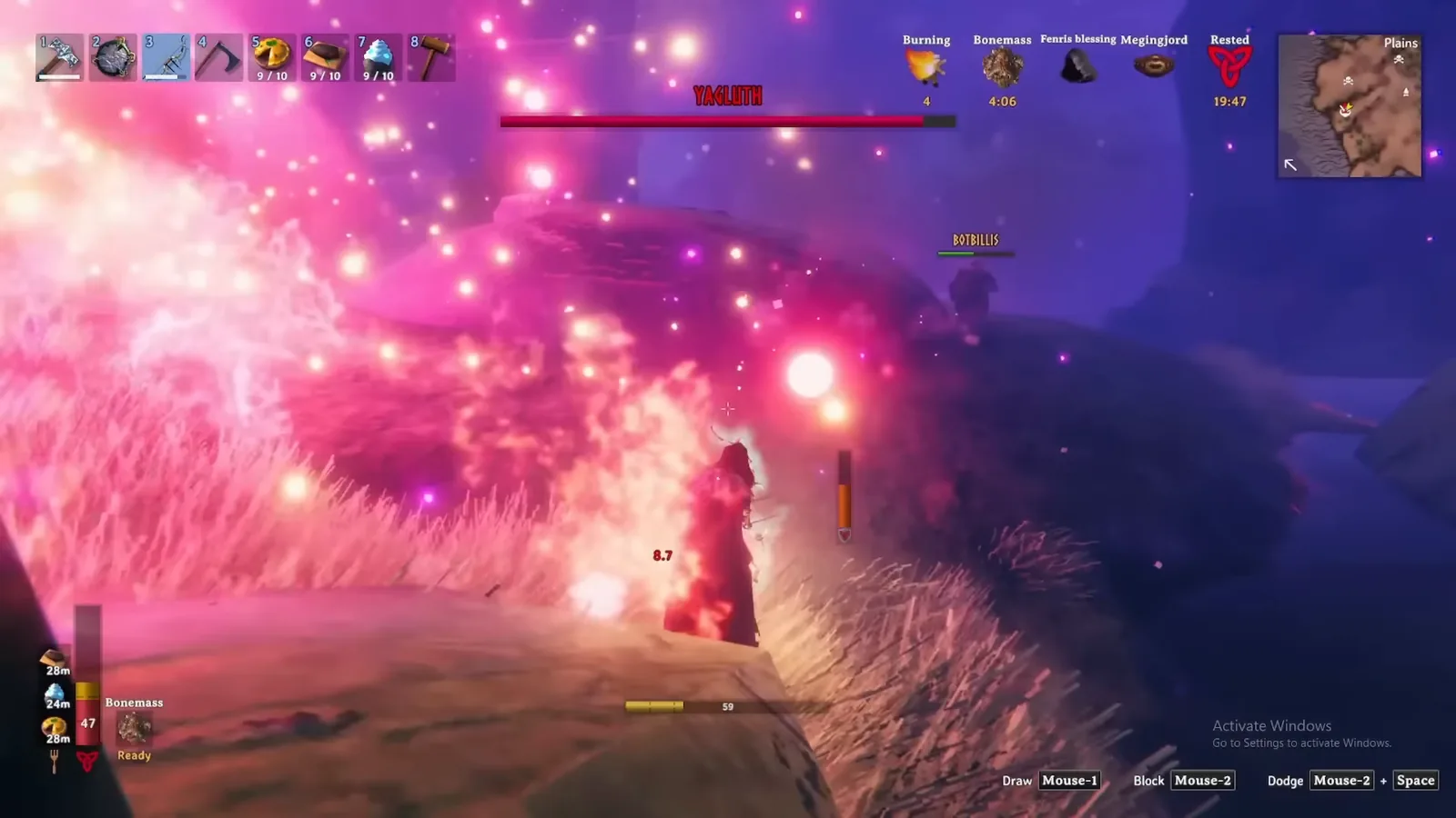 Yagluth fight in the Valheim Plains with the boss health bar and fire effects around the player