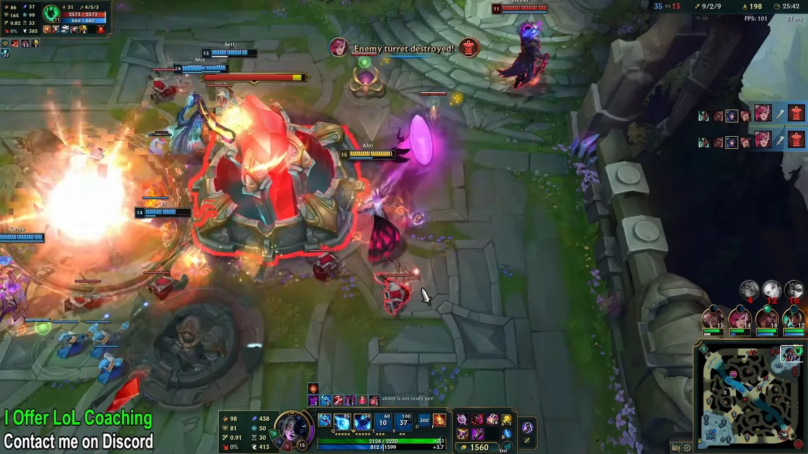 Ahri fighting next to the enemy Nexus turret in a late game teamfight