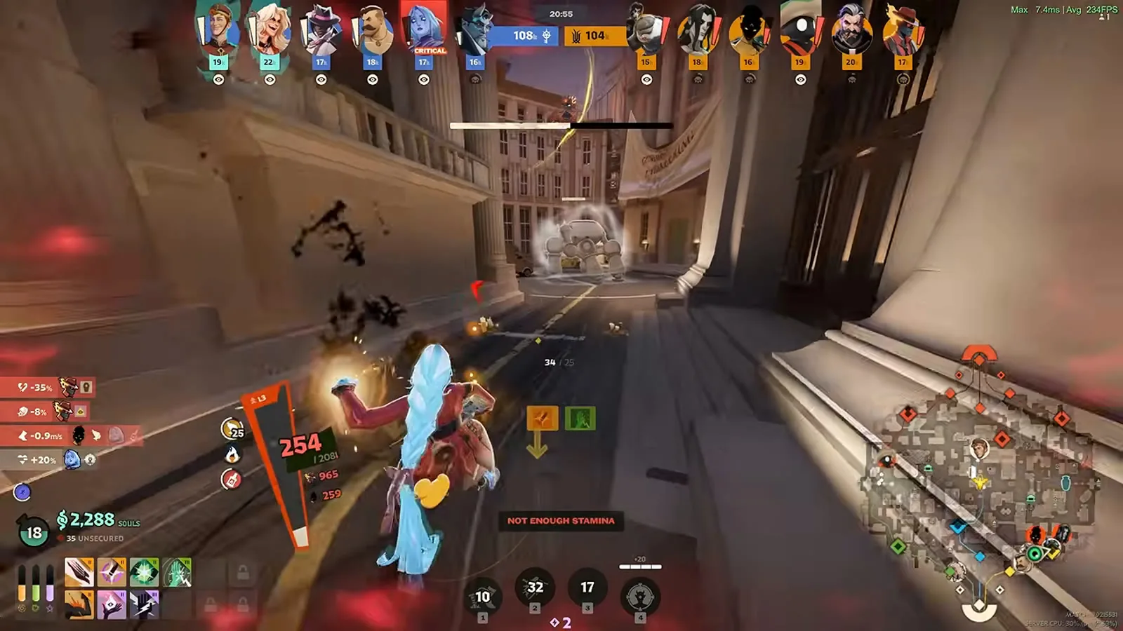 Deadlock late-game fight with the full item bar visible in the bottom-left HUD