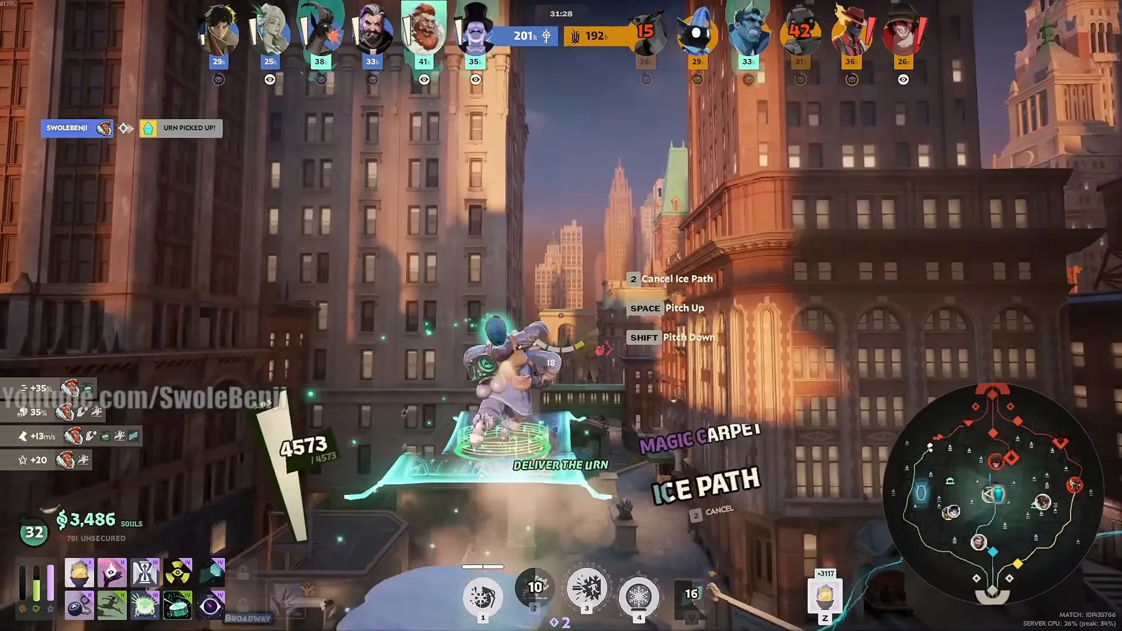 Kelvin riding Magic Carpet over Ice Path to cross the map