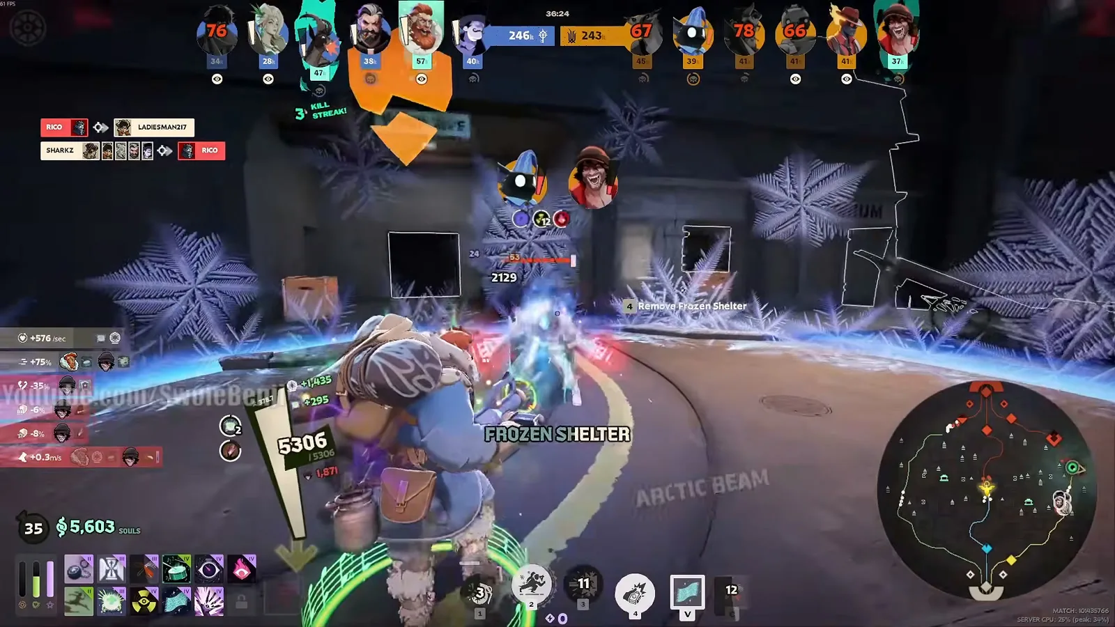 Kelvin casting Frozen Shelter and Arctic Beam on an enemy in a late-game Deadlock fight