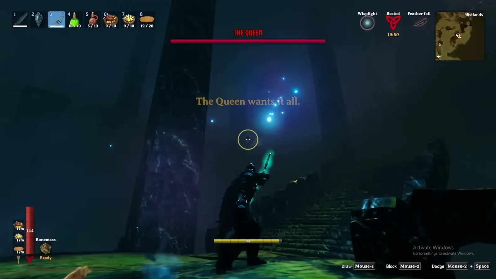 Player entering The Queen's Infested Citadel in the Valheim Mistlands as her health bar appears
