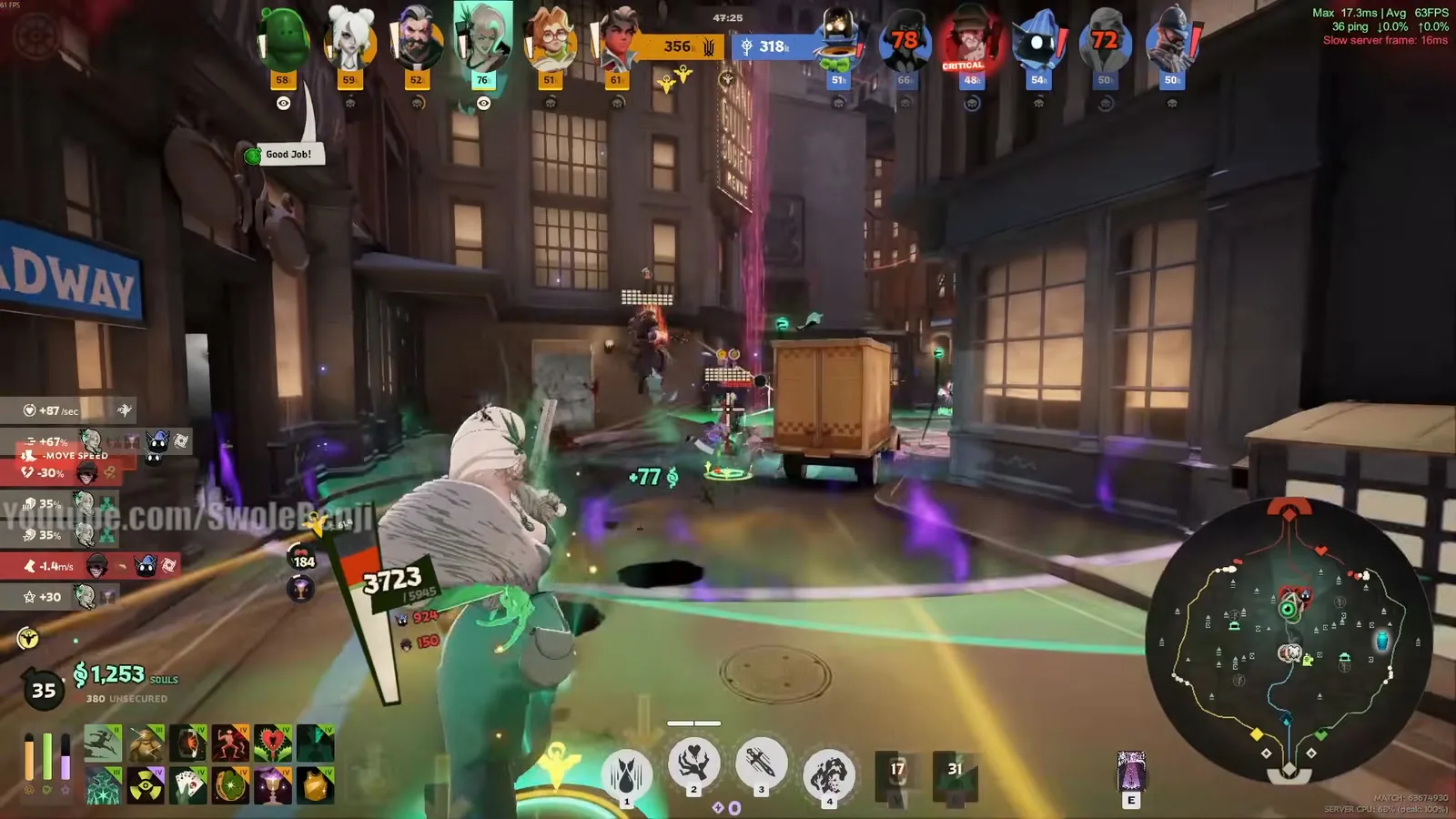 Lady Geist in a late teamfight under enemy debuffs in Deadlock