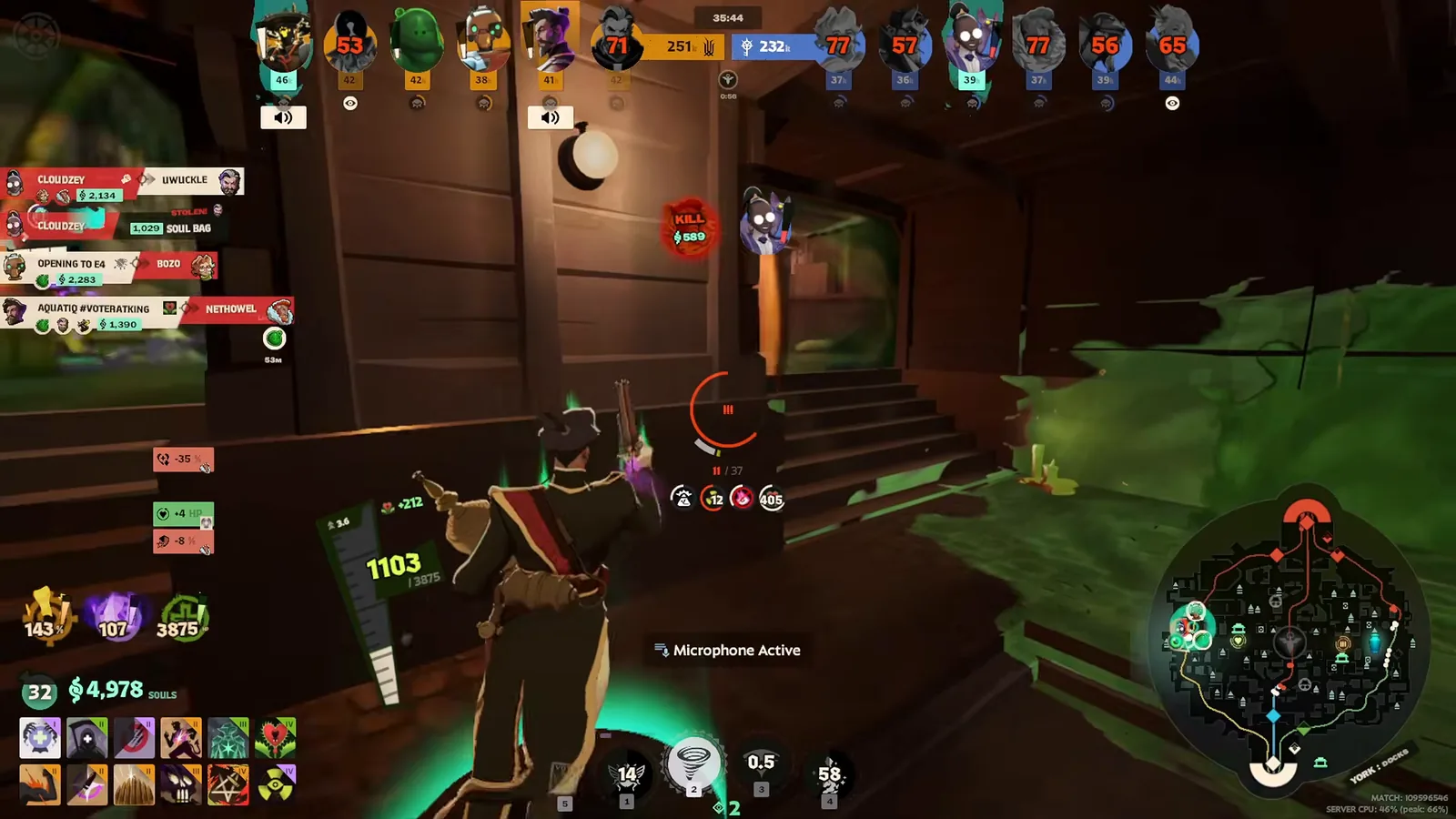 Mirage mid-fight with a full late-game item bar on the City Never Sleeps map