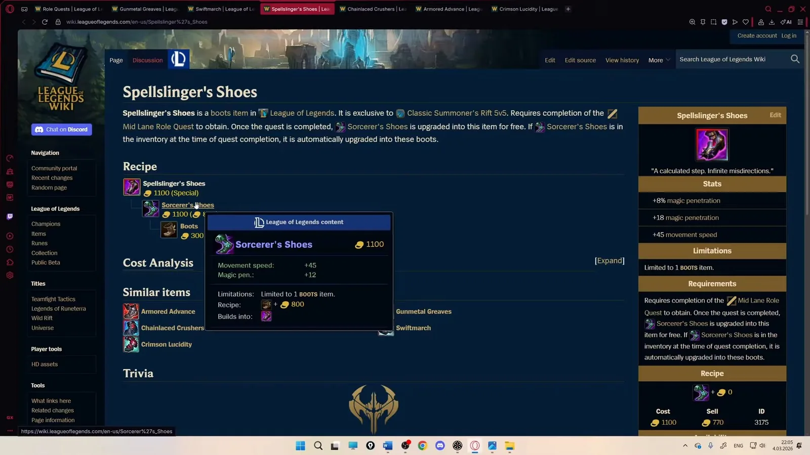 Spellslinger's Shoes wiki page, the mid quest upgrade of Sorcerer's Shoes