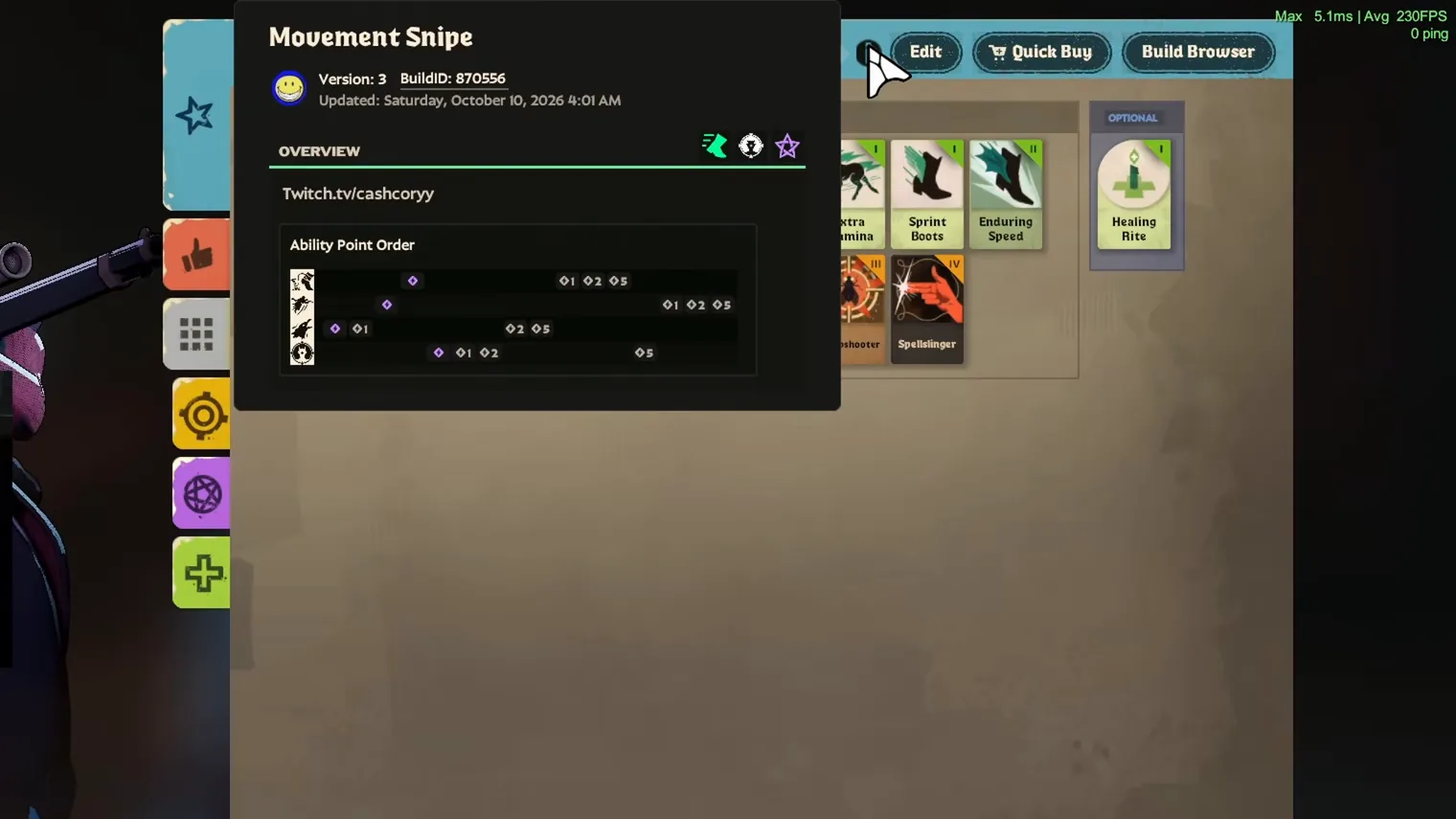 Cashcoryy Movement Snipe build 870556 ability point order for Vindicta in the Deadlock build browser