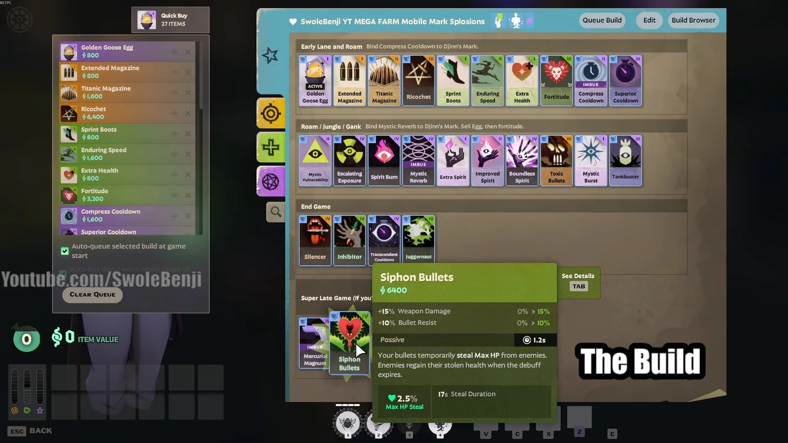Siphon Bullets tooltip in the late-game Mirage build in Deadlock